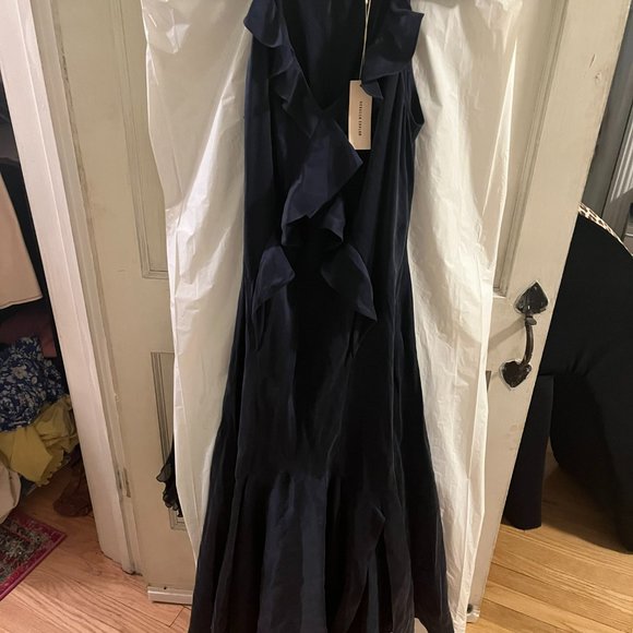 Rebecca Taylor Silk Charmeuse Ruffle Navy Dress- NTW- Size 6- Retail $695 - Picture 7 of 8